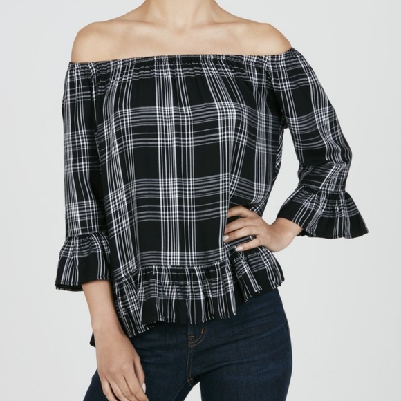 NWT Plaid off shoulder blouse (rayon) - Picture 1 of 6